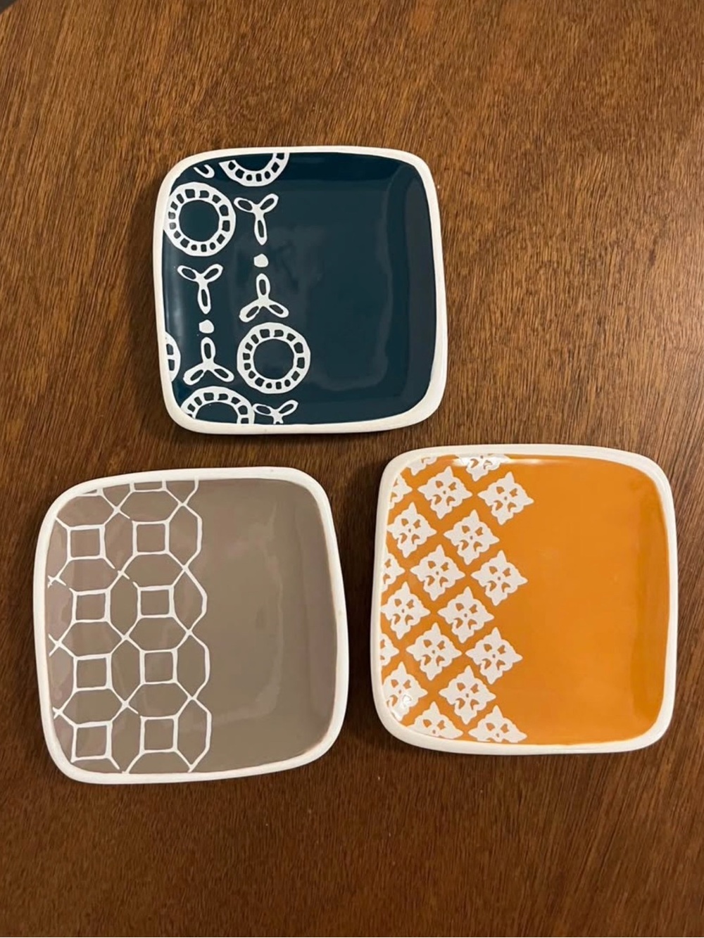 Threshold 3-Piece Square Appetizer Plate Set in Teal, Taupe, and Mustard
